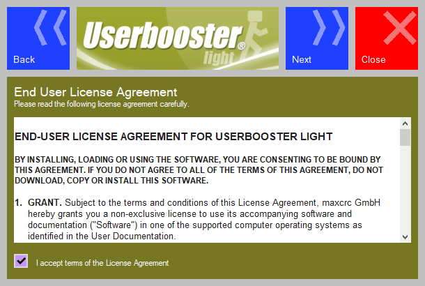 Userbooster Light installation. End User License Agreement