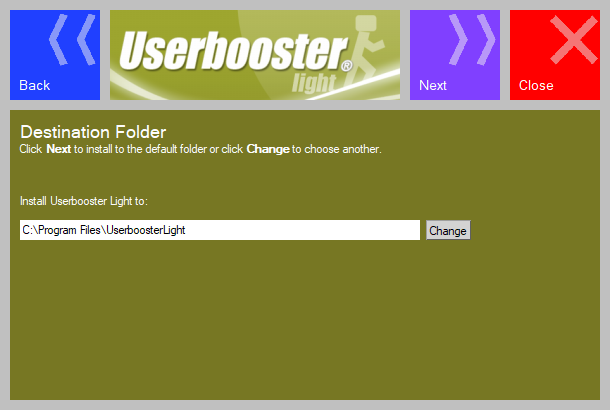 Userbooster Light installation. Destination Folder